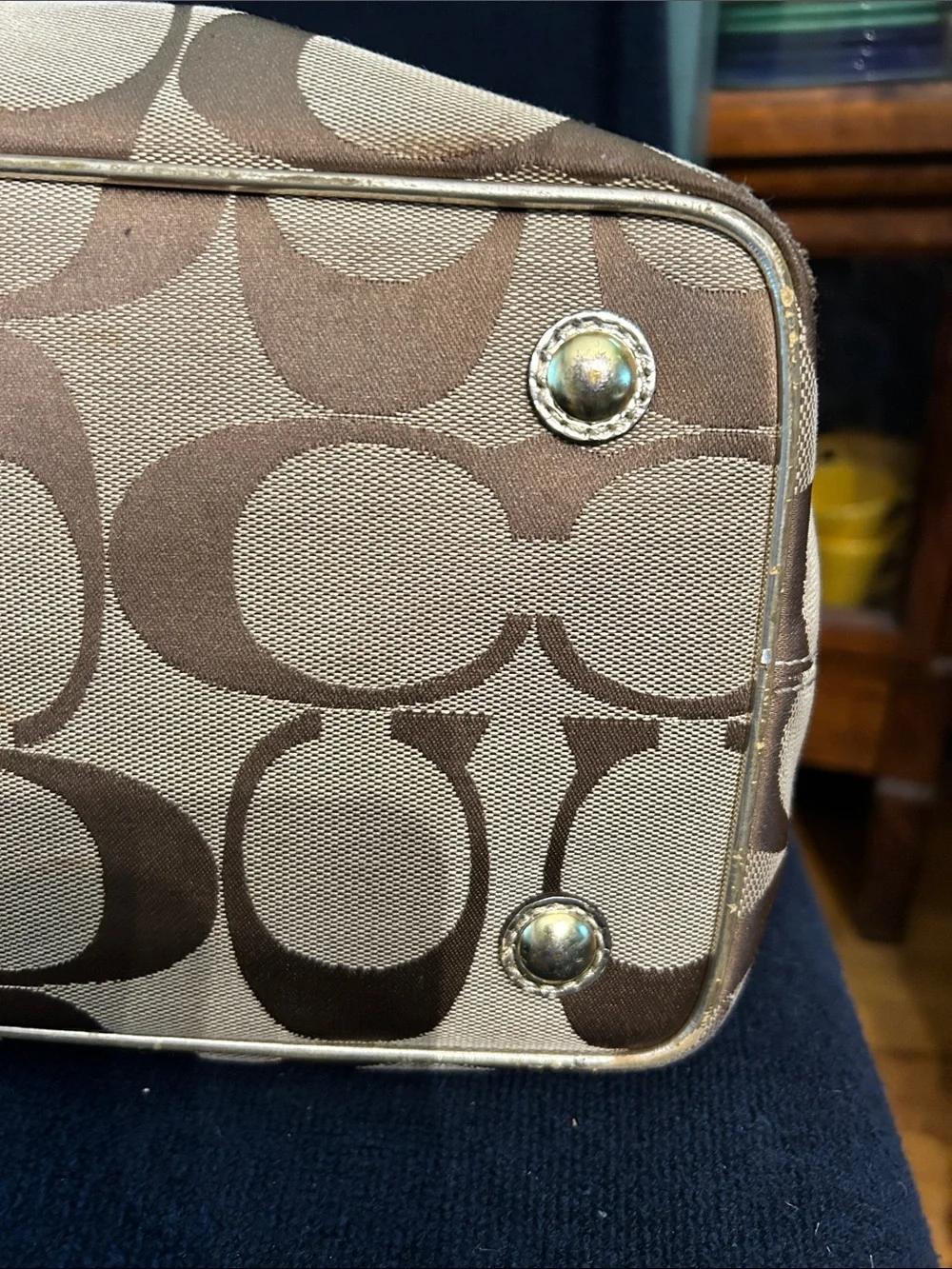 Coach Signature Monogram Canvas Tote w Gold Metallic Trim, Leather Straps